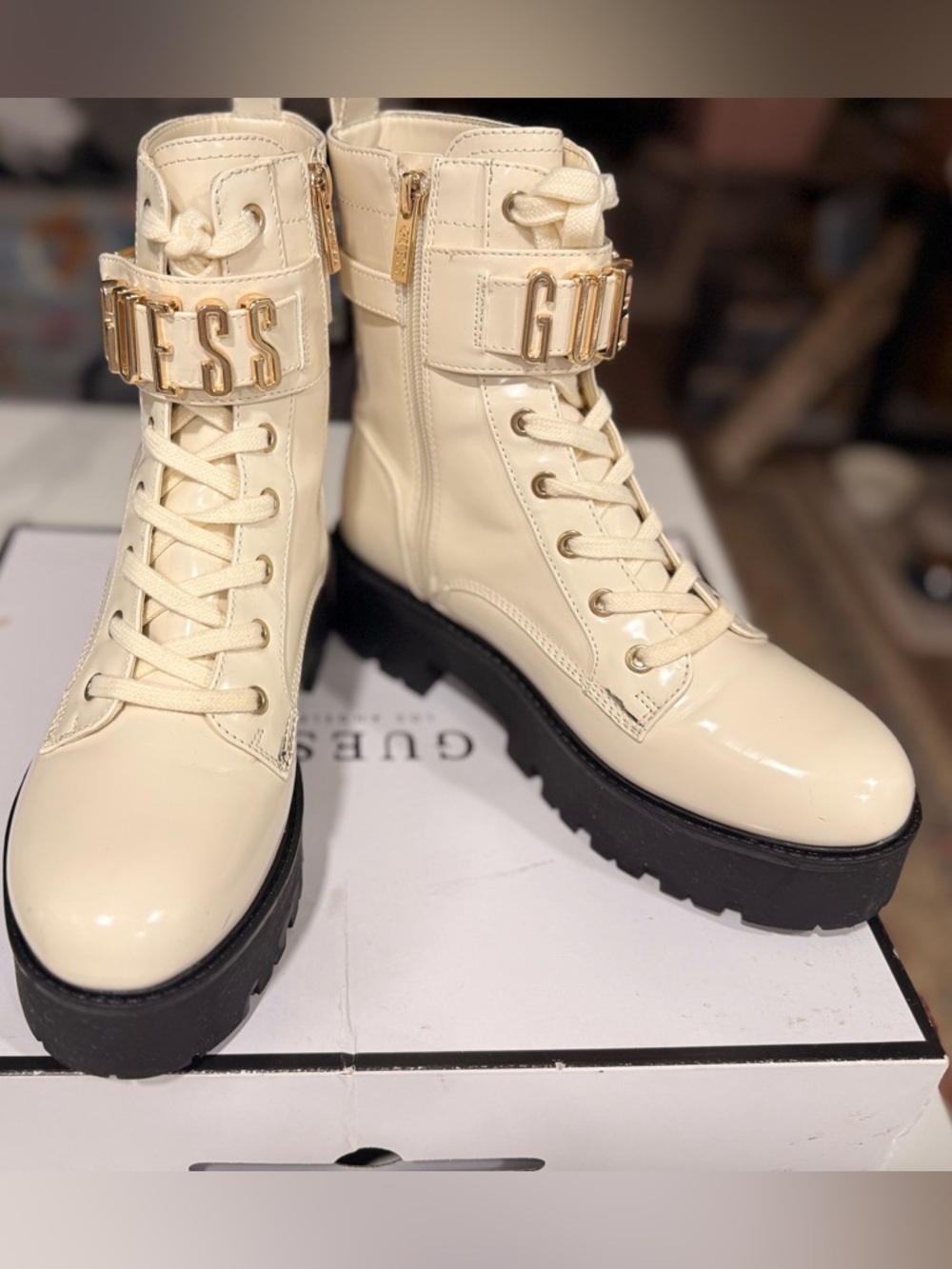 GUESS Cream Combat Boot with Black Lug Sole and Gold Logo Cuff - Picture 3 of 10